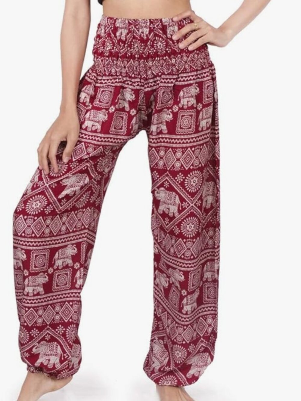 NWT Banjamath Women's Smocked Waist Harem Palazzo Pants in Elephant Red, Size Sm